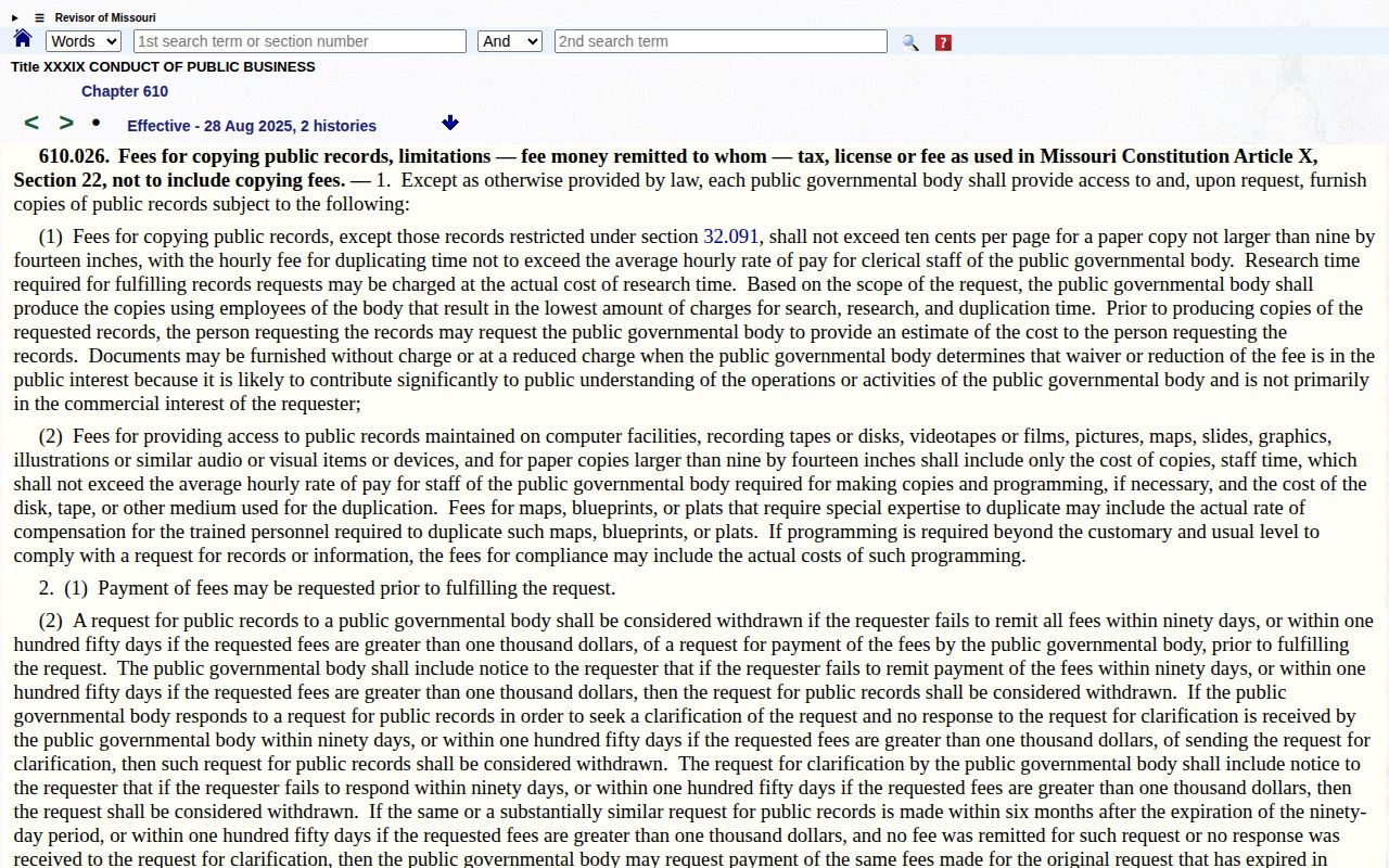 Missouri Sunshine Law provision governing public record fees