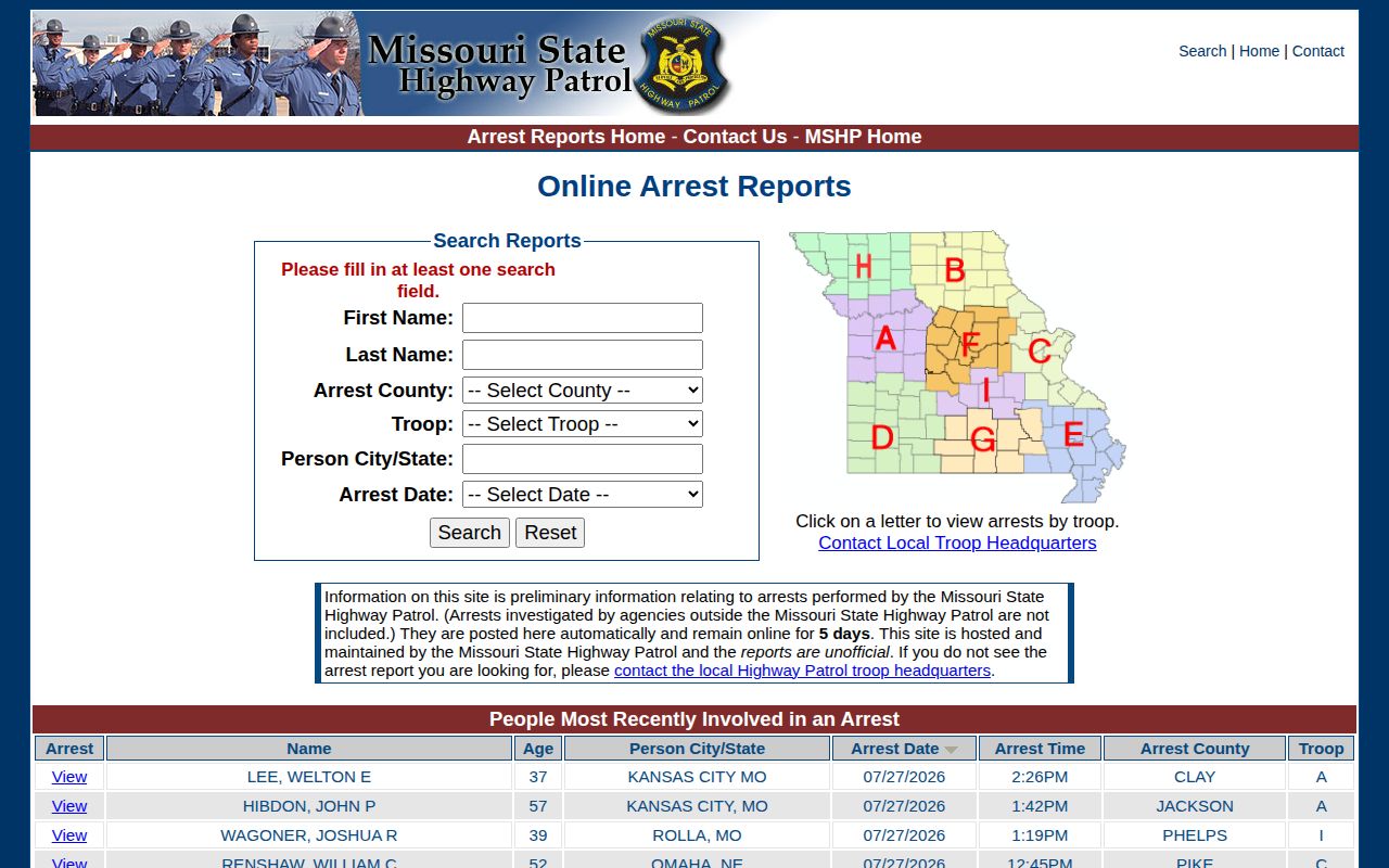 Stoddard County released inmates MSHP five-day arrest report search