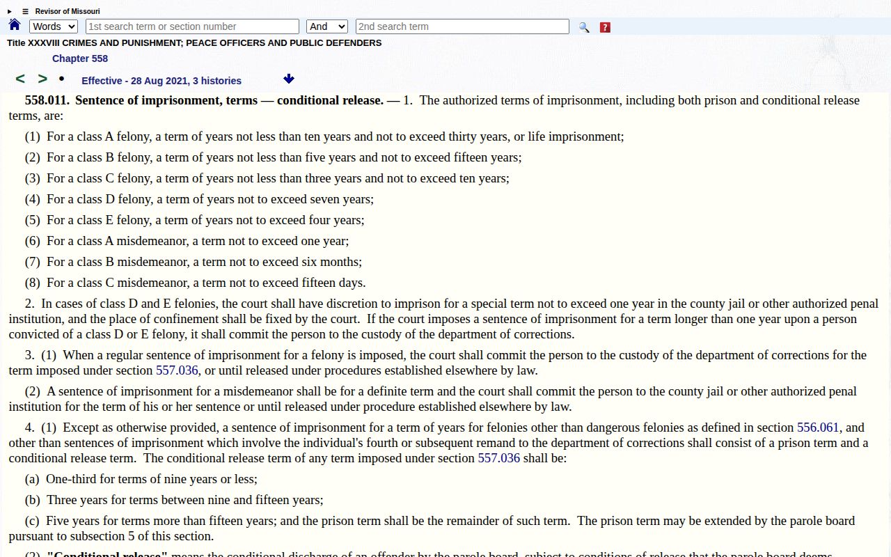 Stoddard County projected release date conditional release statute