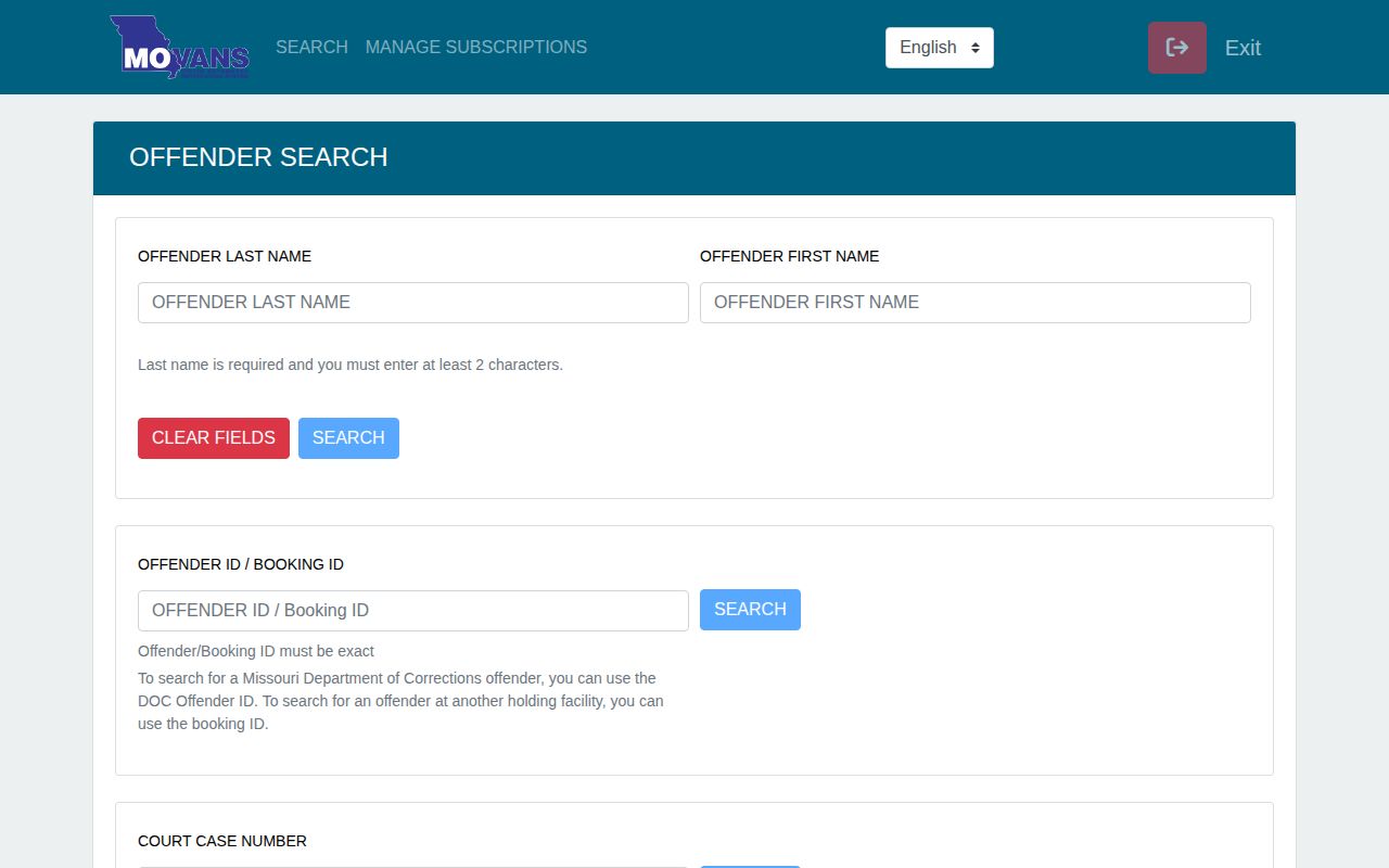 Missouri MOVANS specific-offender search page for custody and release checks