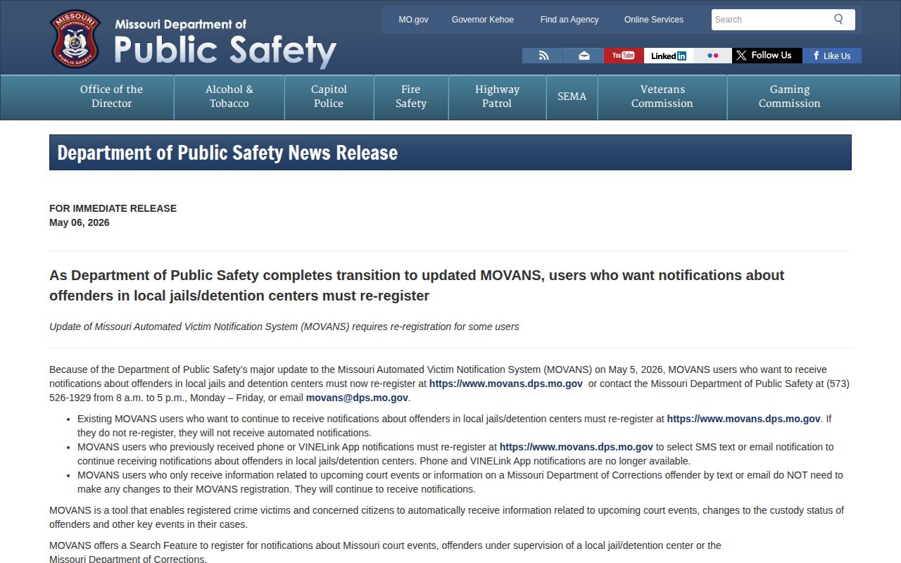 Missouri DPS notice describing the May 2026 MOVANS notification transition